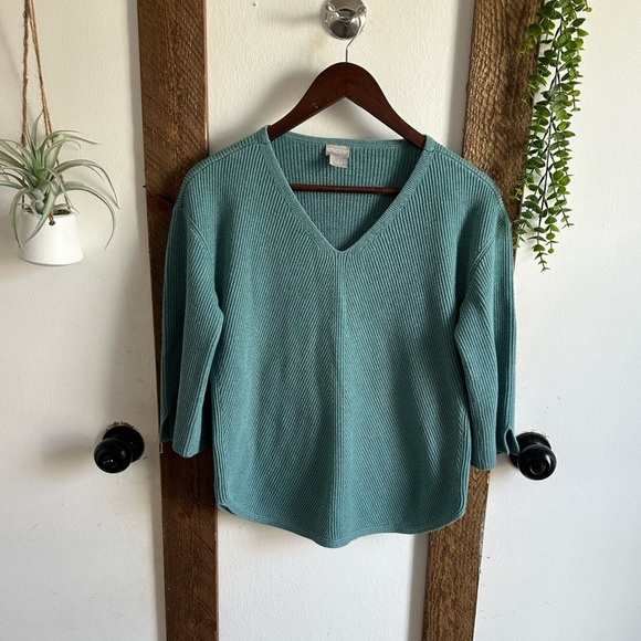 Chico's Sweater Women's Size 1 (Medium) V-Neck Ribbed 3/4 Sleeve V-Neck Teal - Picture 4 of 14